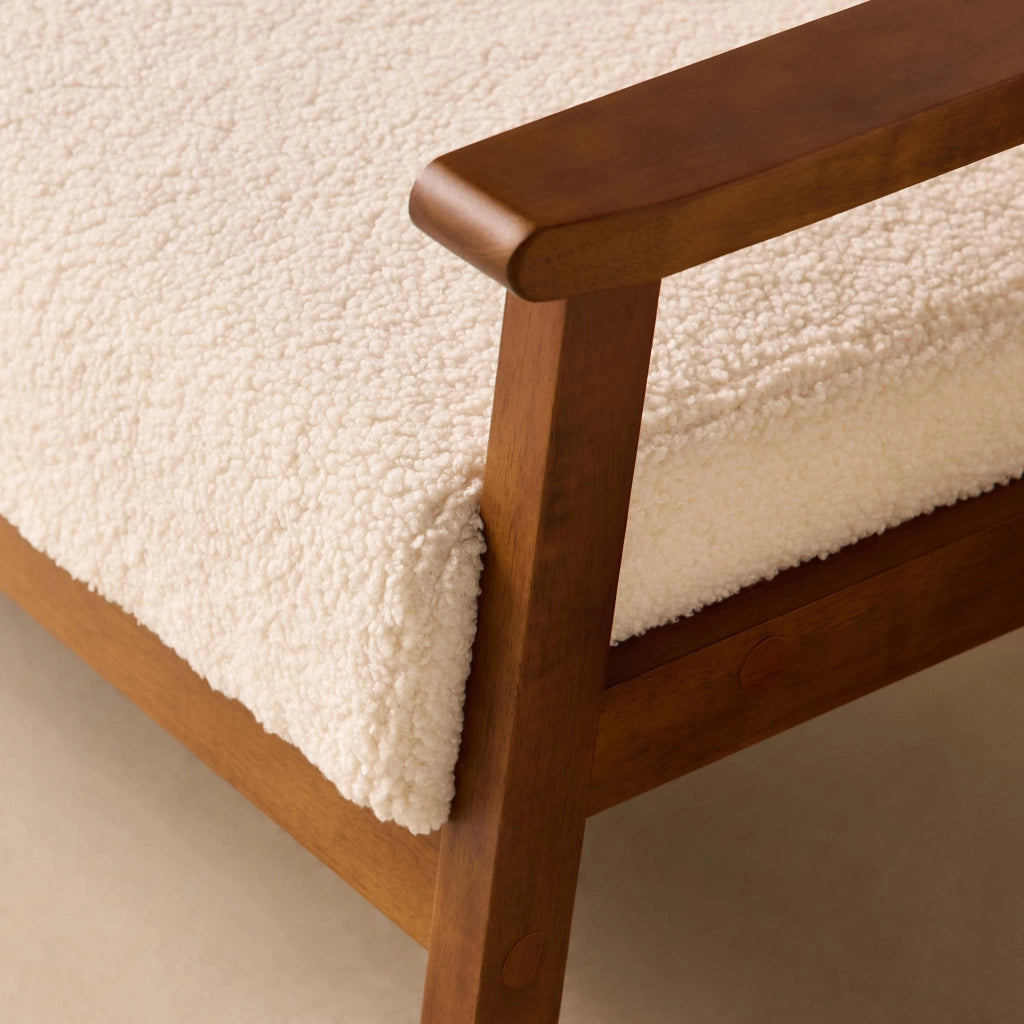 Divano in tessuto bouclé con gambe in legno tinto noce chiaro, 2