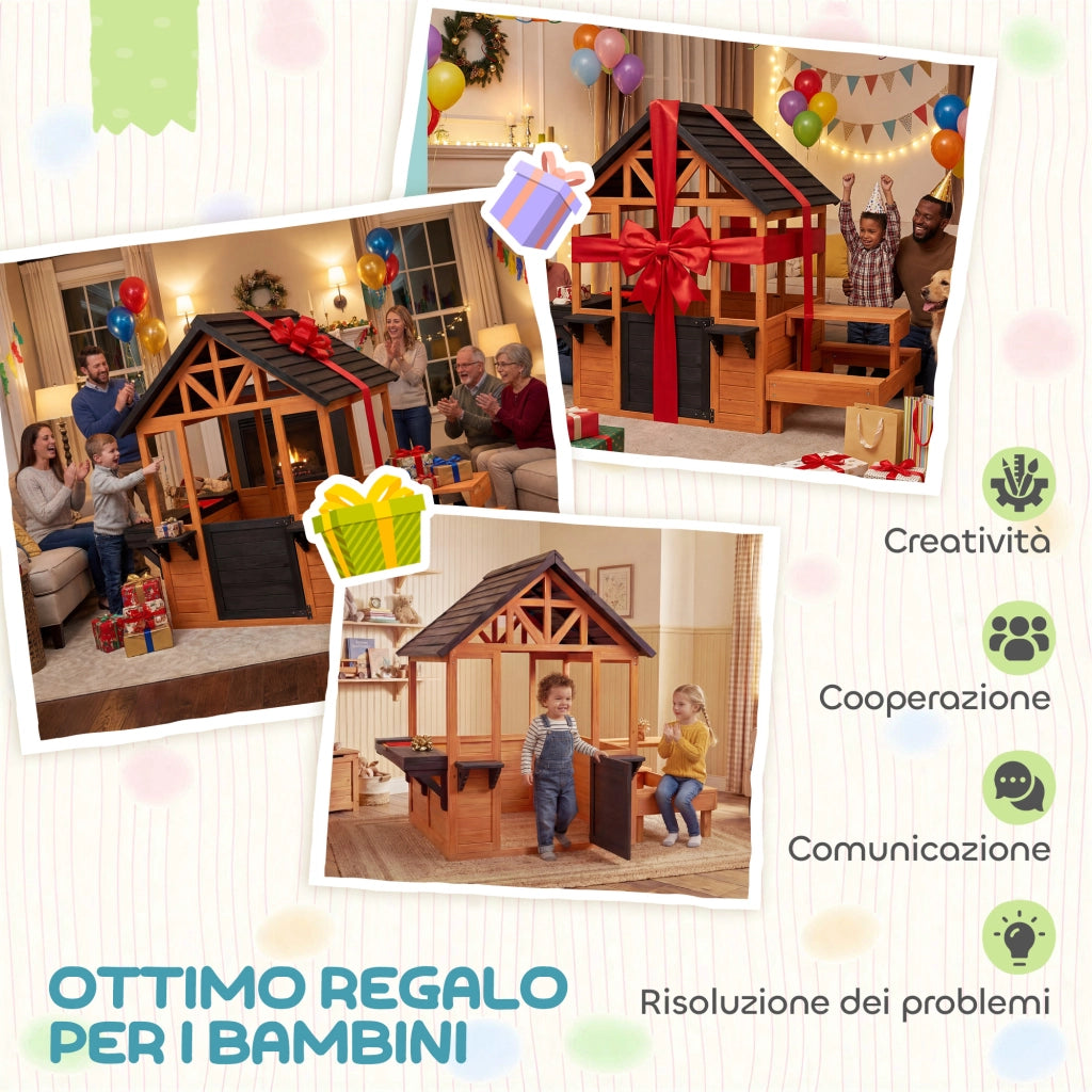 Casetta in Legno per Bambini 3-8 Anni con Tavolo e Panche ¨C zephmum ¨C Marrone