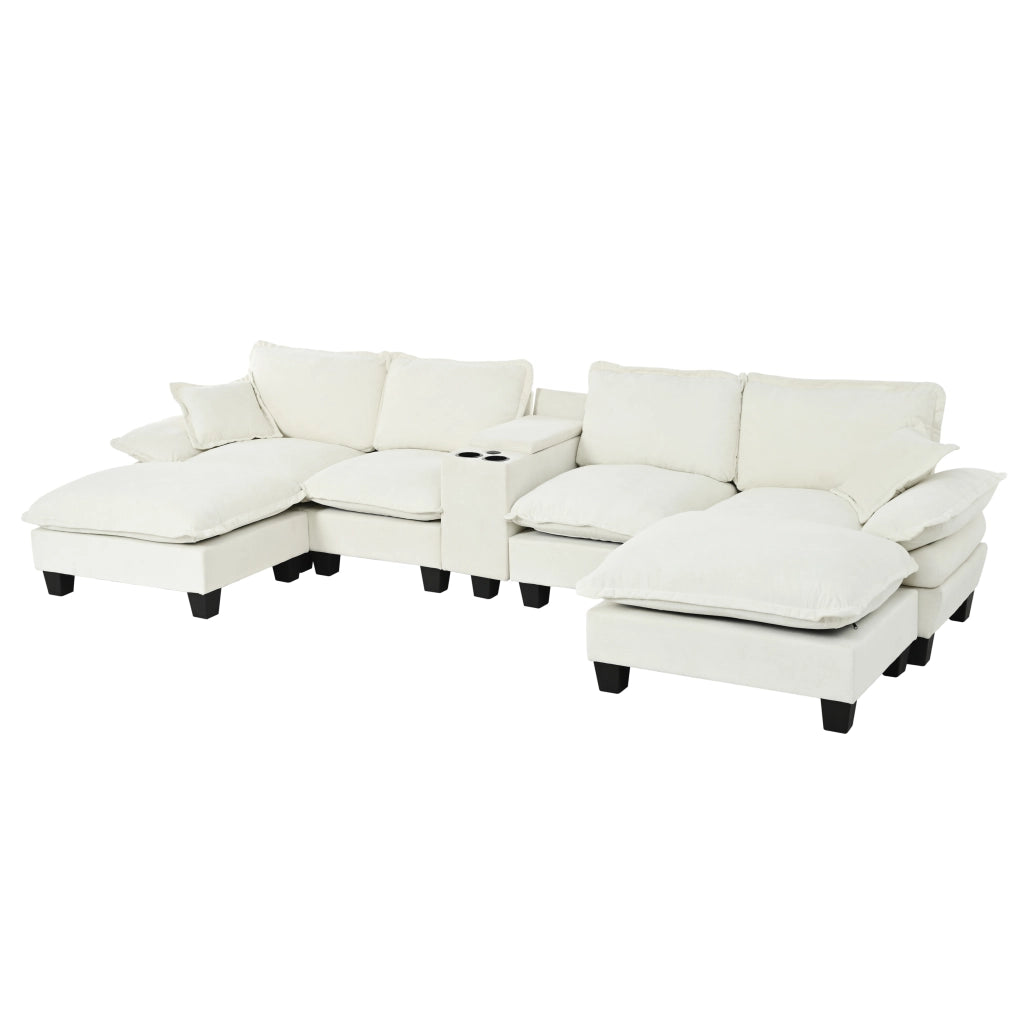 Divano Angolare Modulare con Ottomane ¨C MINIMAL ¨C Chenille Beige, Portabicchieri, USB, Contenitore