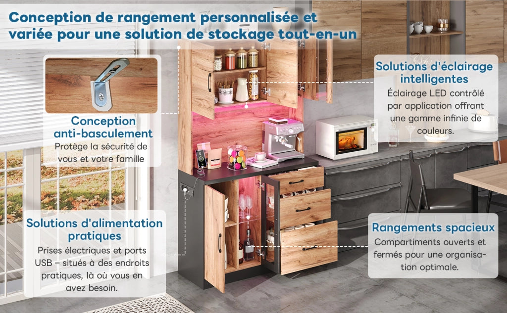 Pensile da Cucina con LED e Ripiani Regolabili ¨C Xylo ¨C Nero e Legno 105x40x180 cm