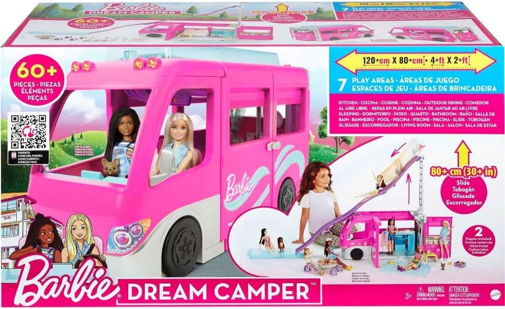 Barbie Camper barbie Camper dei Sogni Playset con Veicolo, con Ruote, Piscina, Scivolo, 7 Aree Gioco e Oltre 60 Accessor