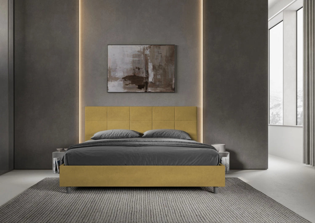 BS COM Letto matrimoniale king size con rete imbottito 200x210 microfibra ocra
