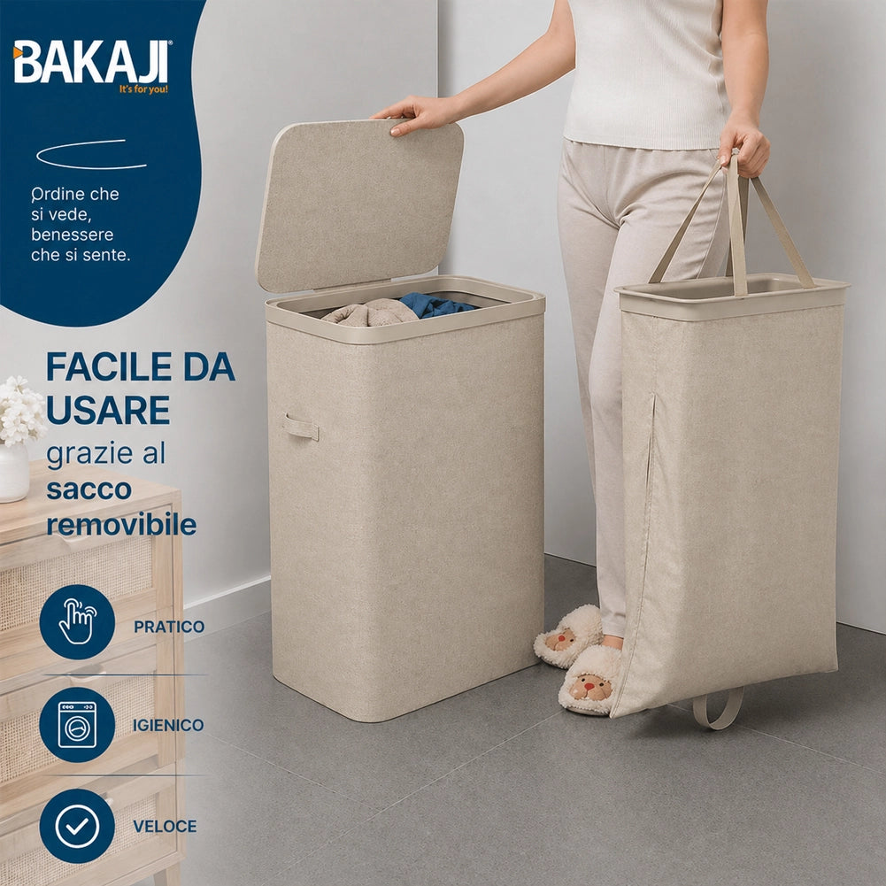 Cesto Biancheria Sporca Beige Portabiancheria 105L Sacco Estraibile 42x32x67cm