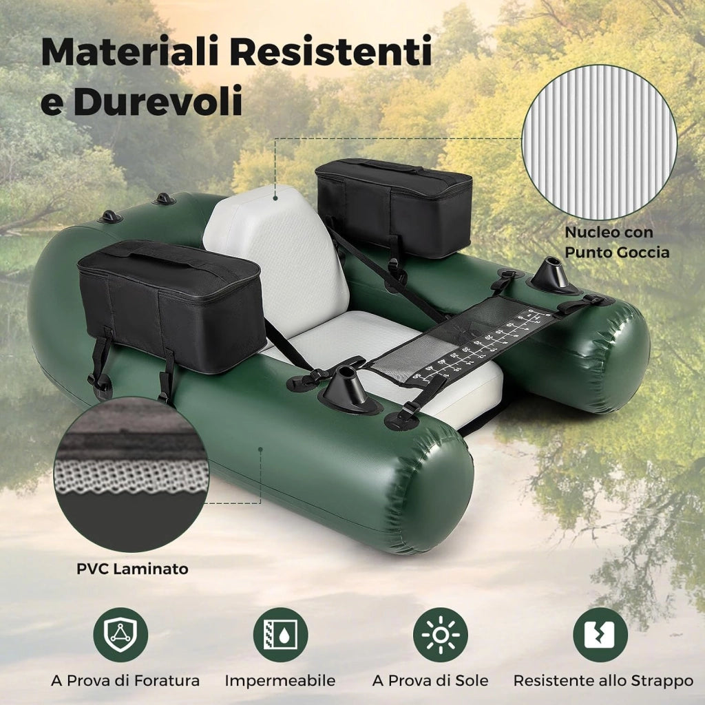 Belly Boat da Pesca, Gommone Gonfiabile da Pesca con 2 Porta Canne, Pompa, Borsa di Trasporto e Kit di Riparazione, Barca da Mare con Compatibile con Motore Fuoribordo, capacità 100kg