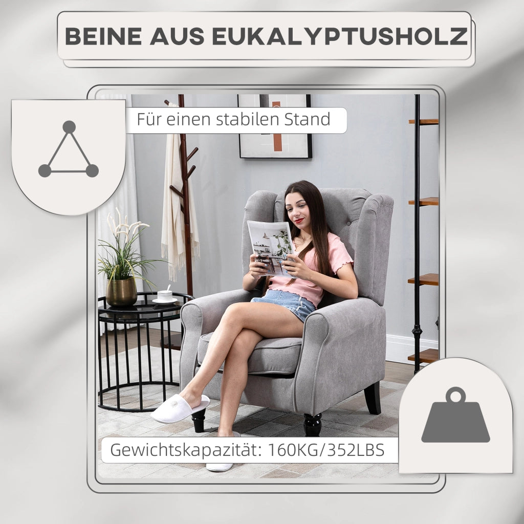 Poltrona con Braccioli e Orecchie ¨C Xylo ¨C Tessuto Grigio con Cuscino e Gambe in Legno