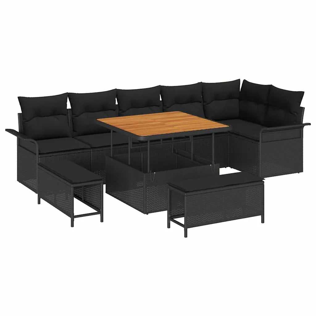 Set Divano da Giardino con cuscino 9 pcs Nero polyrattan