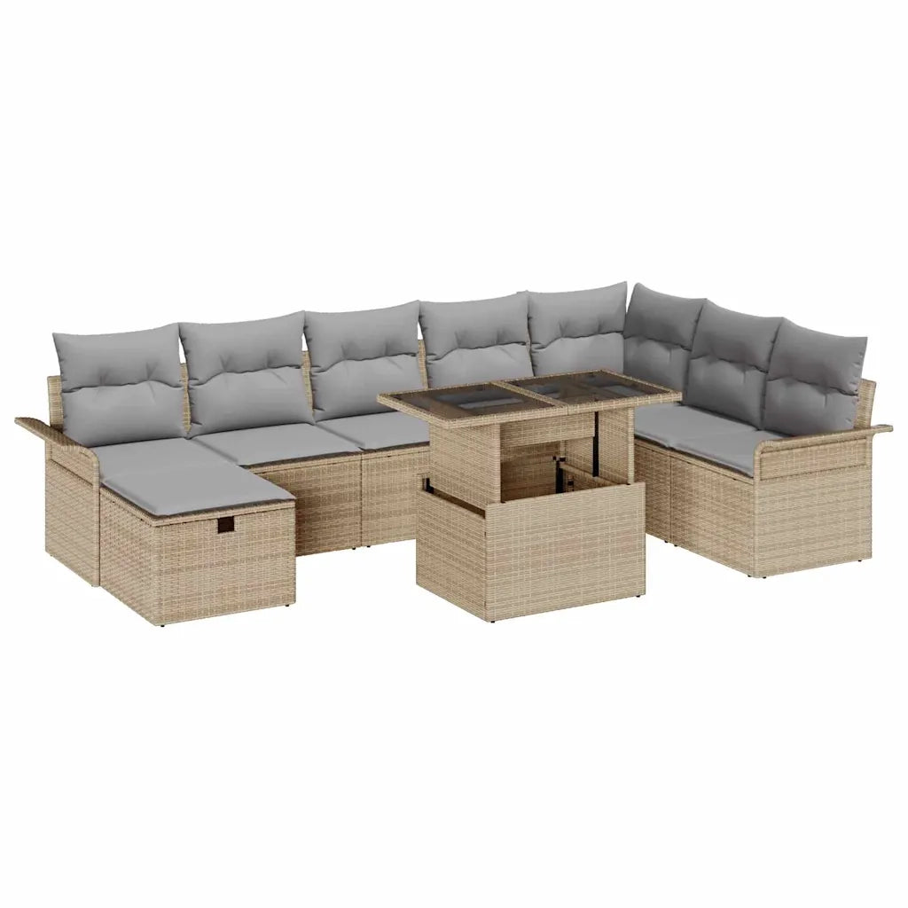 Set Divano da Giardino con cuscino 9 pcs Beige Poly Rattan