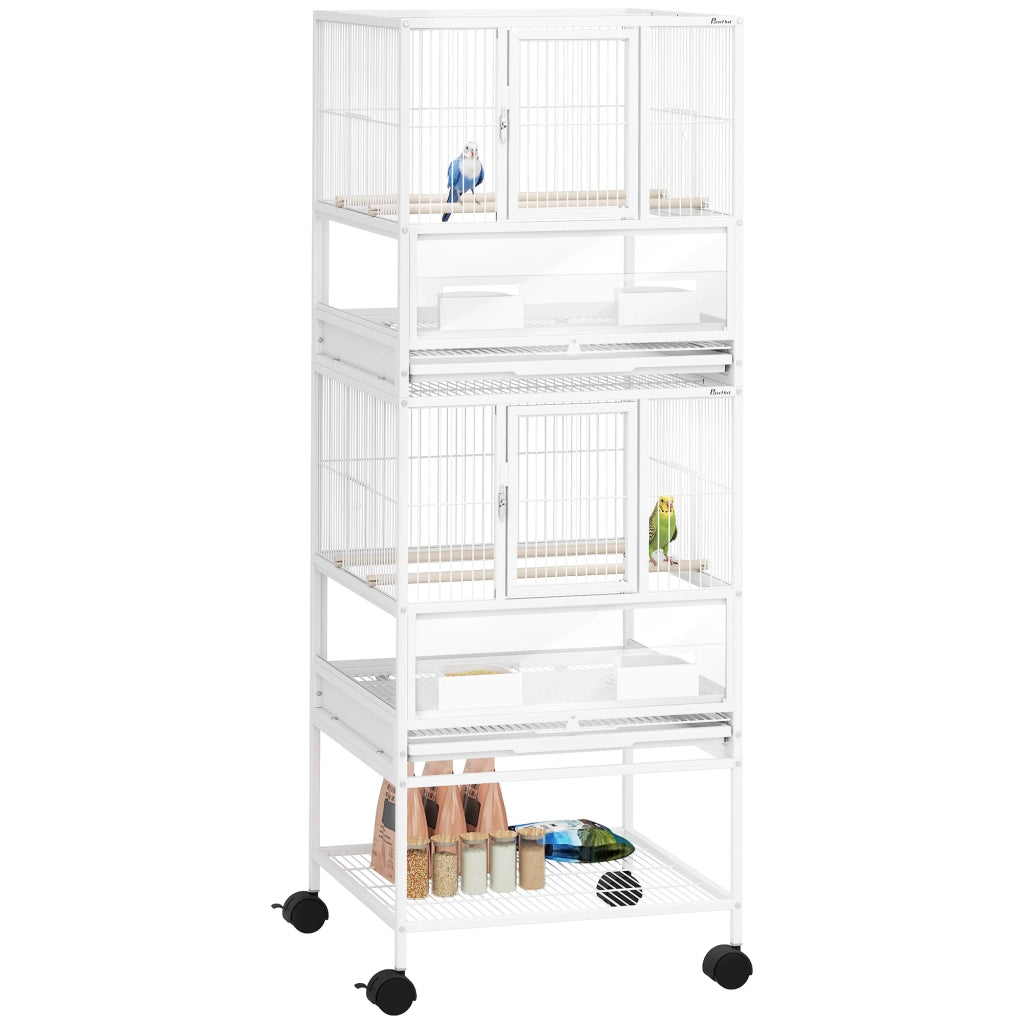Gabbia per Uccelli a 2 Piani ¨C Xylo ¨C con Pannelli Acrilici Mangiatoie Trespoli Ruote 48x46x134,5 cm Bianco