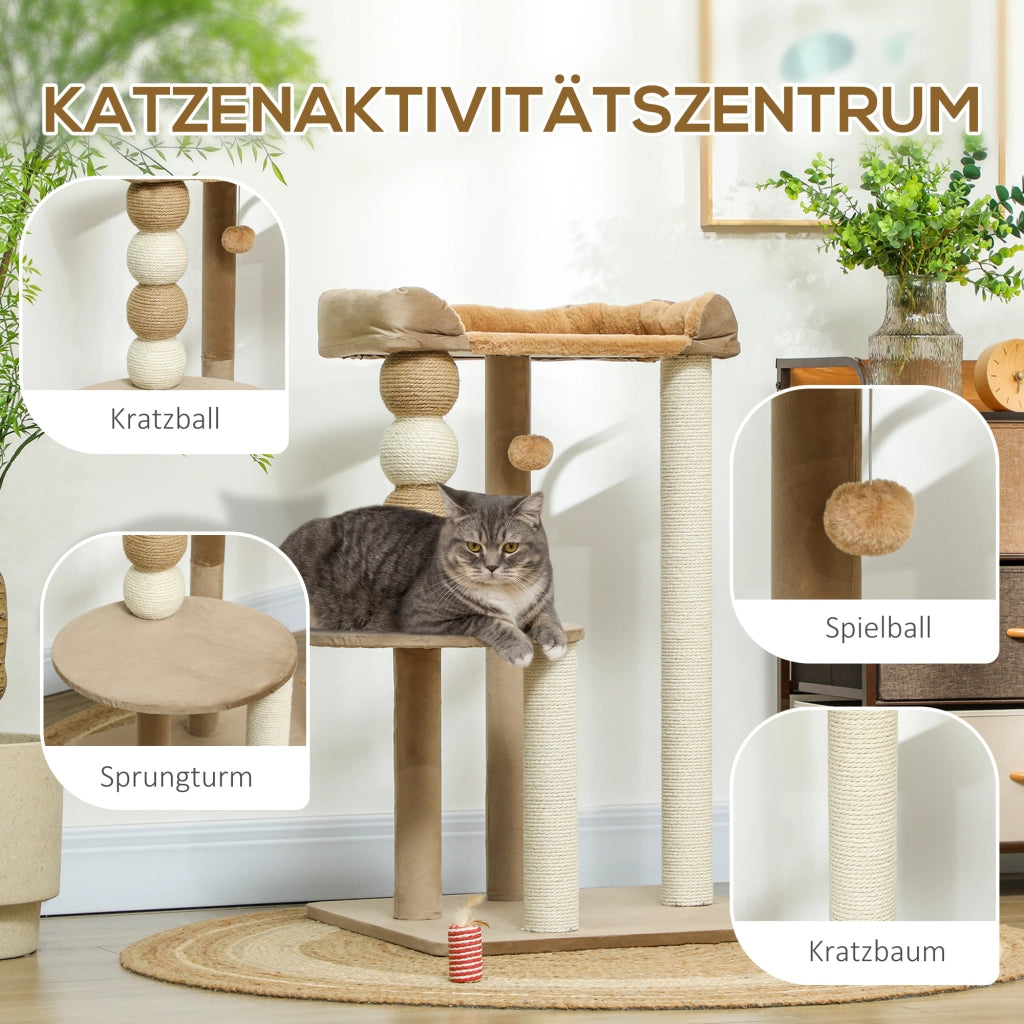 Tiragraffi per gatti con 2 piani, palla giocattolo, tronchi e palle ¨C Minimal ¨C marrone, 56x54x86 cm