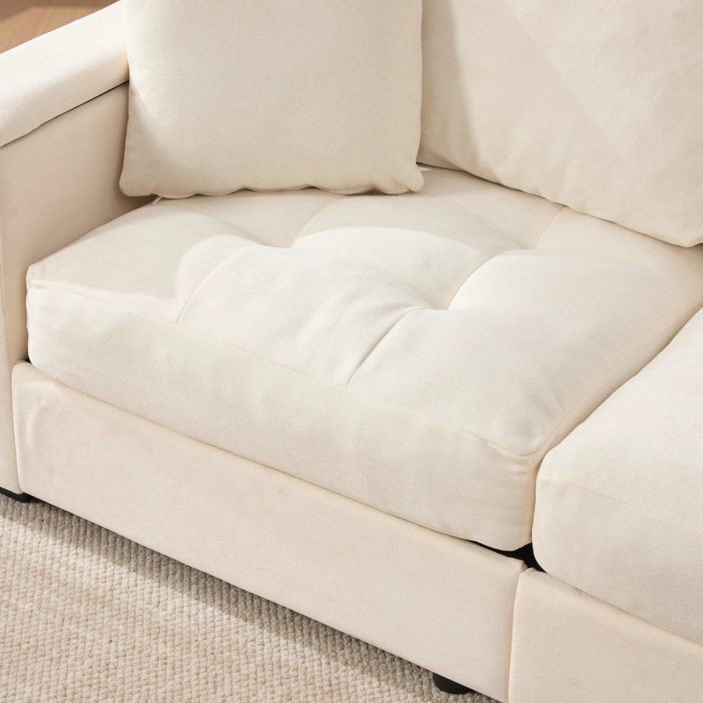 Divano dritto 2 posti con vano portaoggetti nei braccioli e tasche laterali, in Chenille, Beige