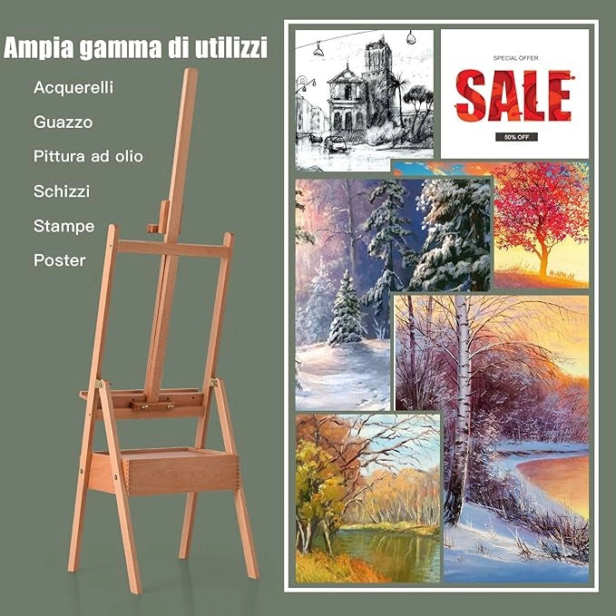 Cavalletto Pittura Legno con Cassetto e Vassoio, Cavalletto Disegno per Dipingere, Pittore Altezza Regolabile, 44x44x(149,5-193,5) cm