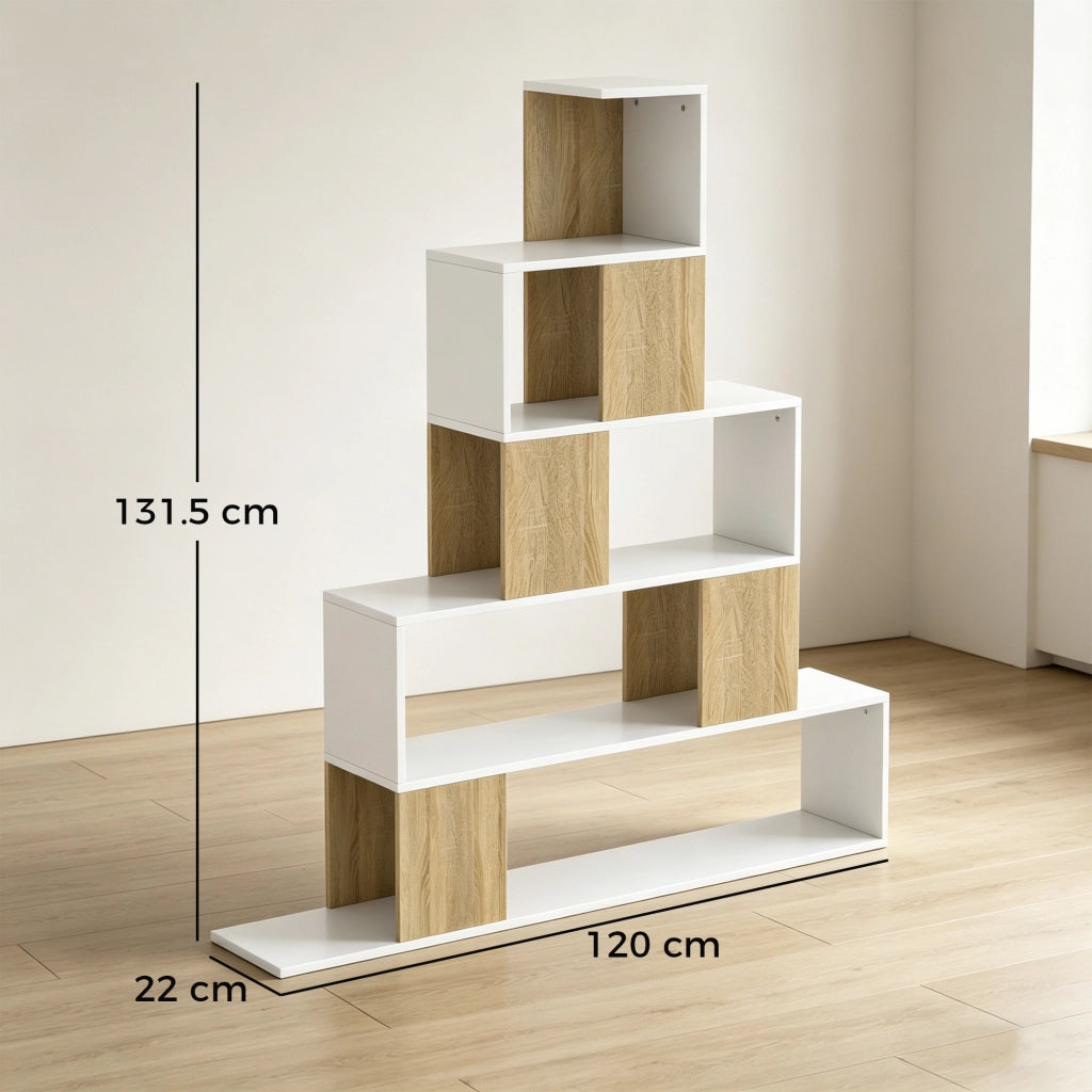 Libreria a 5 Ripiani con Design a Gradini Bianco e Naturale