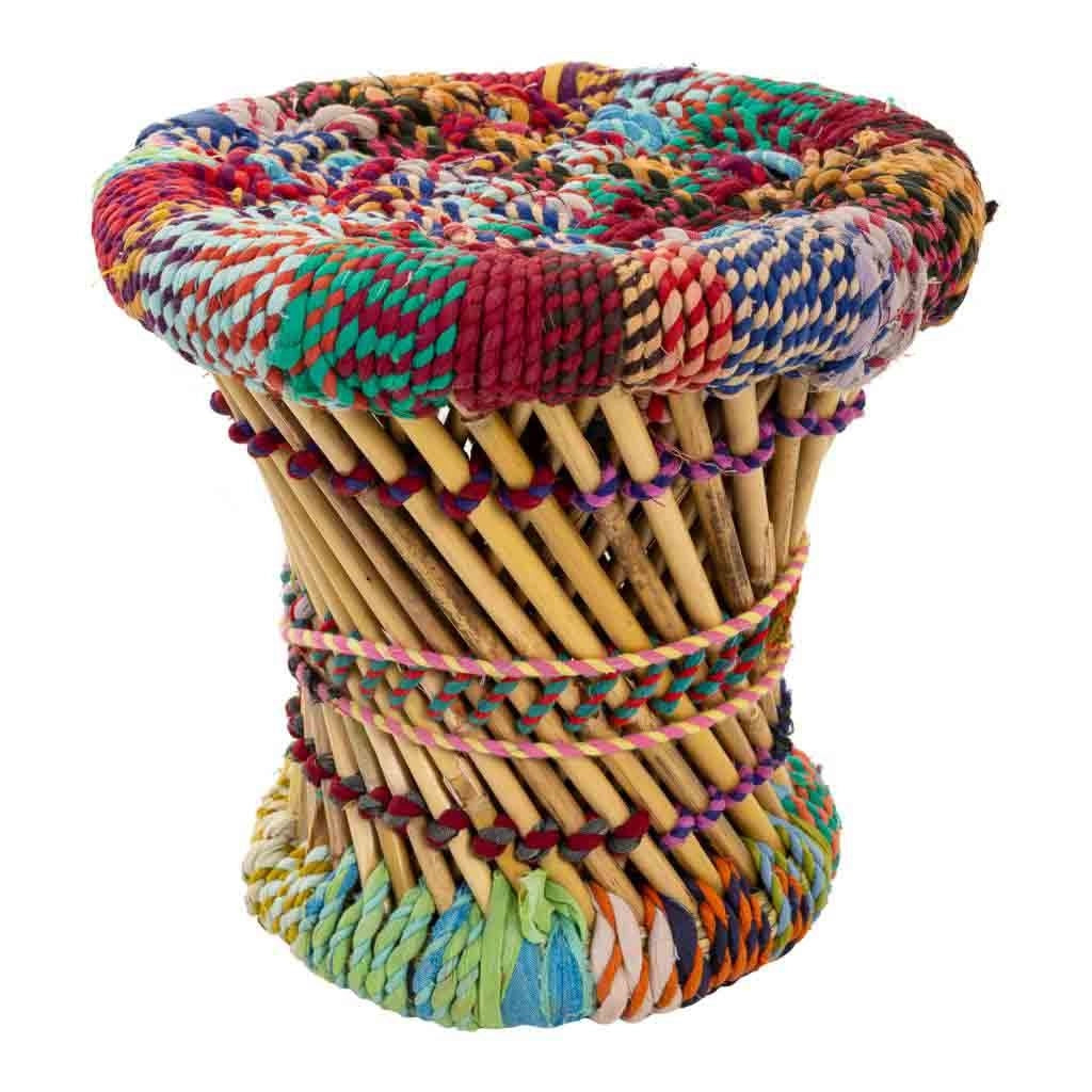 Set di 2 poltroncine e sgabello in bambù e corda colorata