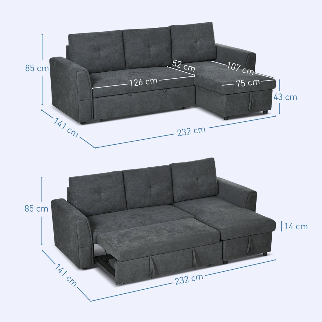 Divano letto 3 posti con chaise longue imbottito ¨C Minimal ¨C Grigio scuro