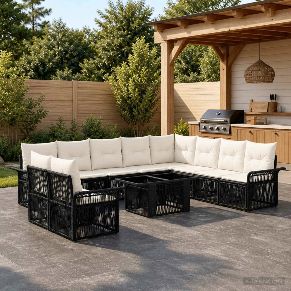 Set Divano da Giardino 11 pz Nero e Bianco Crema polyrattan 3436660