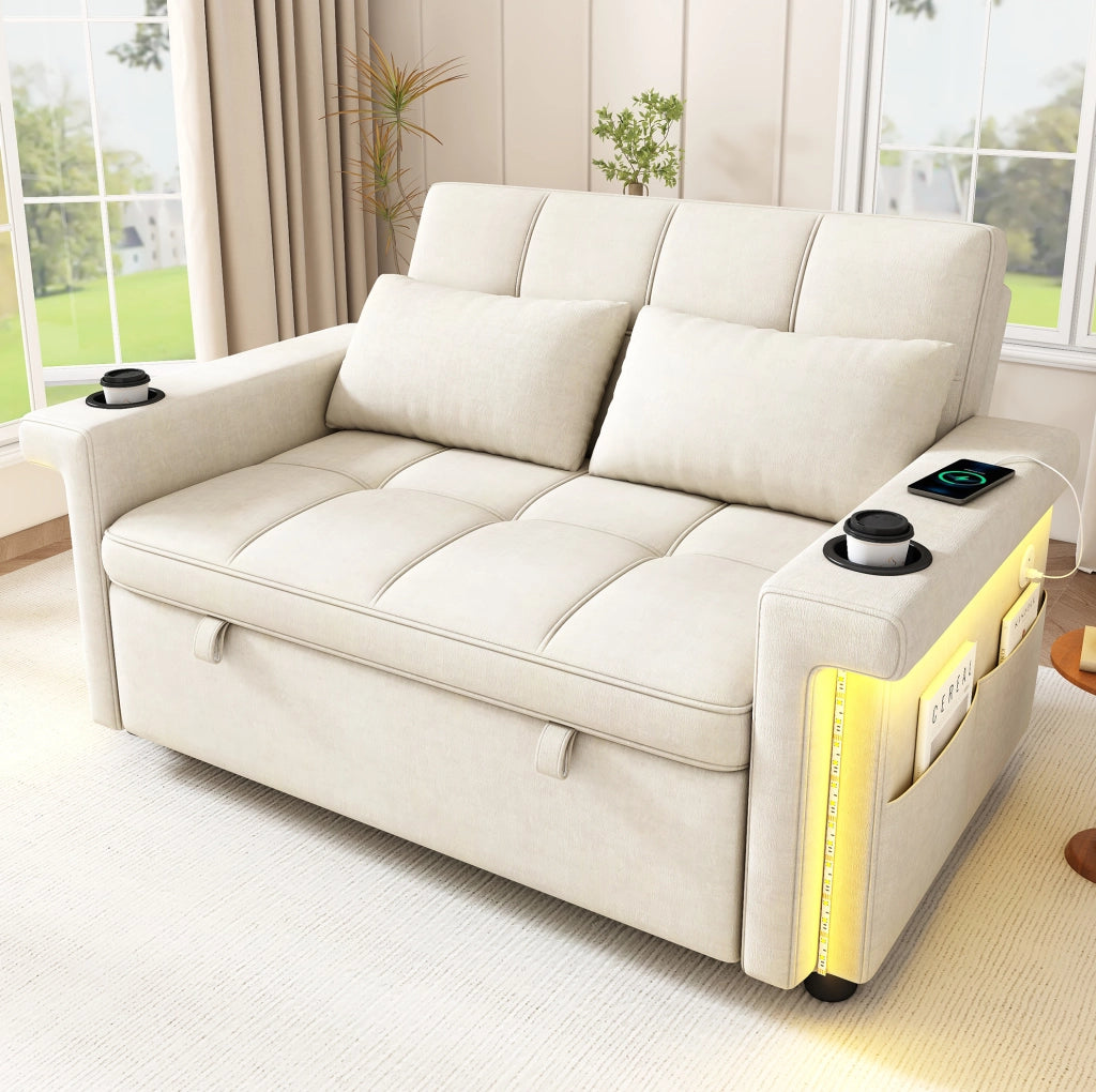 Sofa letto a 2 posti modulare 145 cm in chenille beige con LED; USB e Type-C