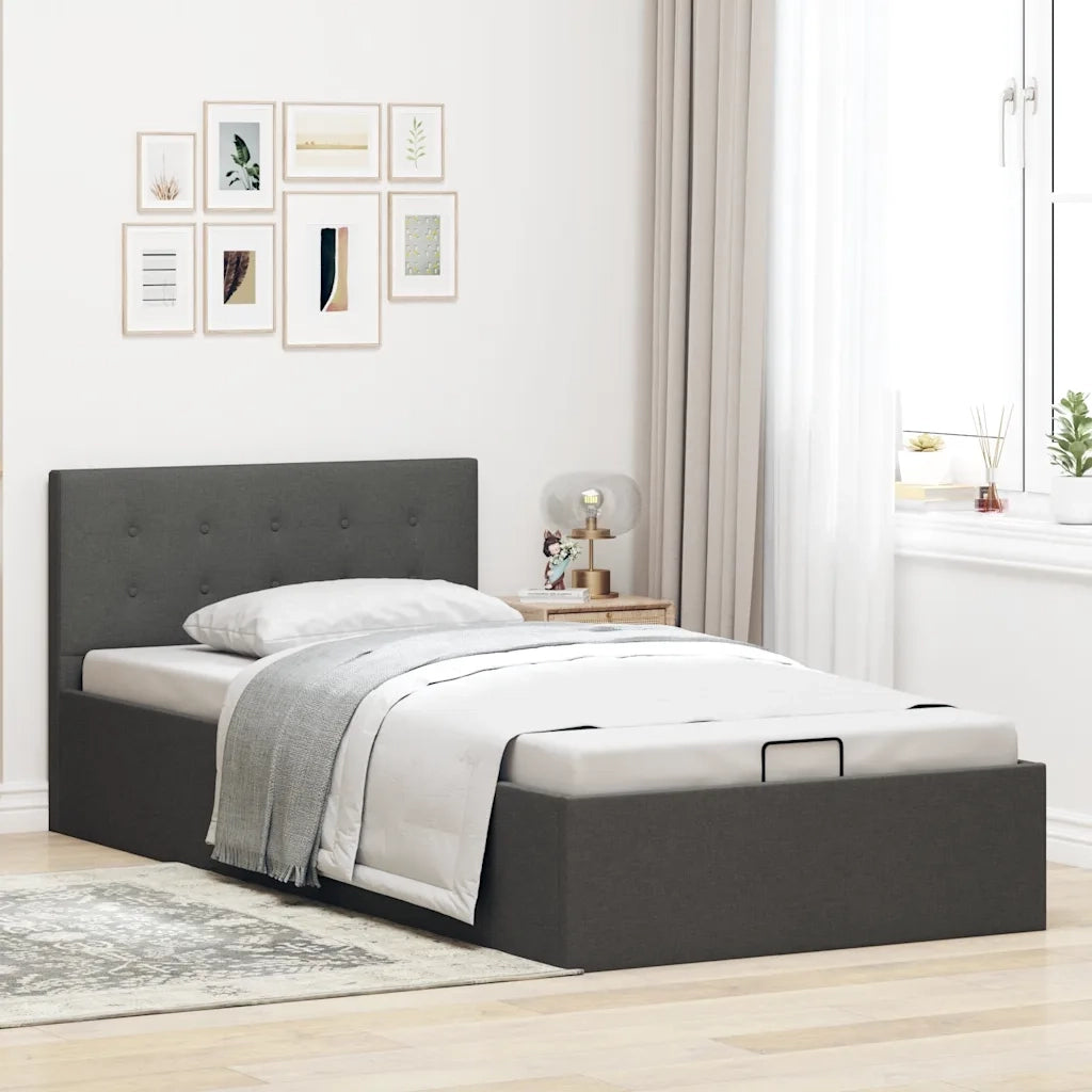 Letto singolo | Letto per adulti | Giroletto Idraulico Contenitore Grigio Scuro Tessuto 90x200cm