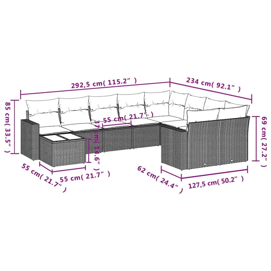Set Divani da Giardino 10pz con Cuscini in Polyrattan Marrone 3251800