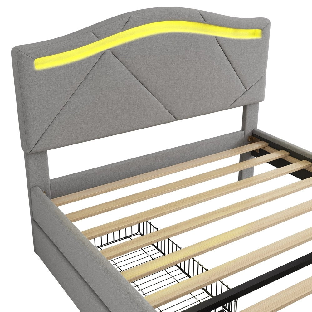 Letto Imbottito con LED e Cassetti ¨C MINIMAL ¨C Testiera Regolabile, Grigio, 90x200