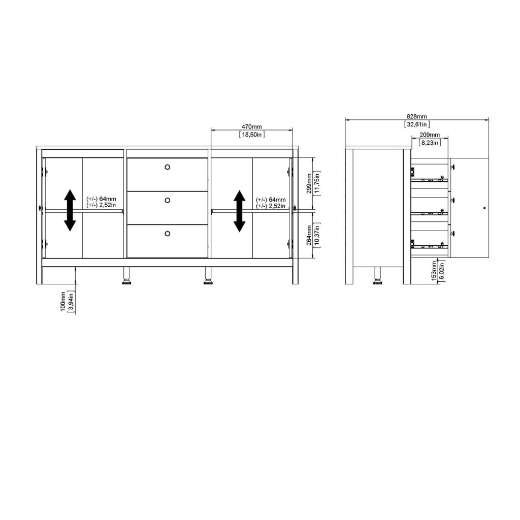 Credenza Whitney, Buffet da soggiorno, Madia da salotto, Dispensa da cucina, 151x38 h80 cm, Bianco