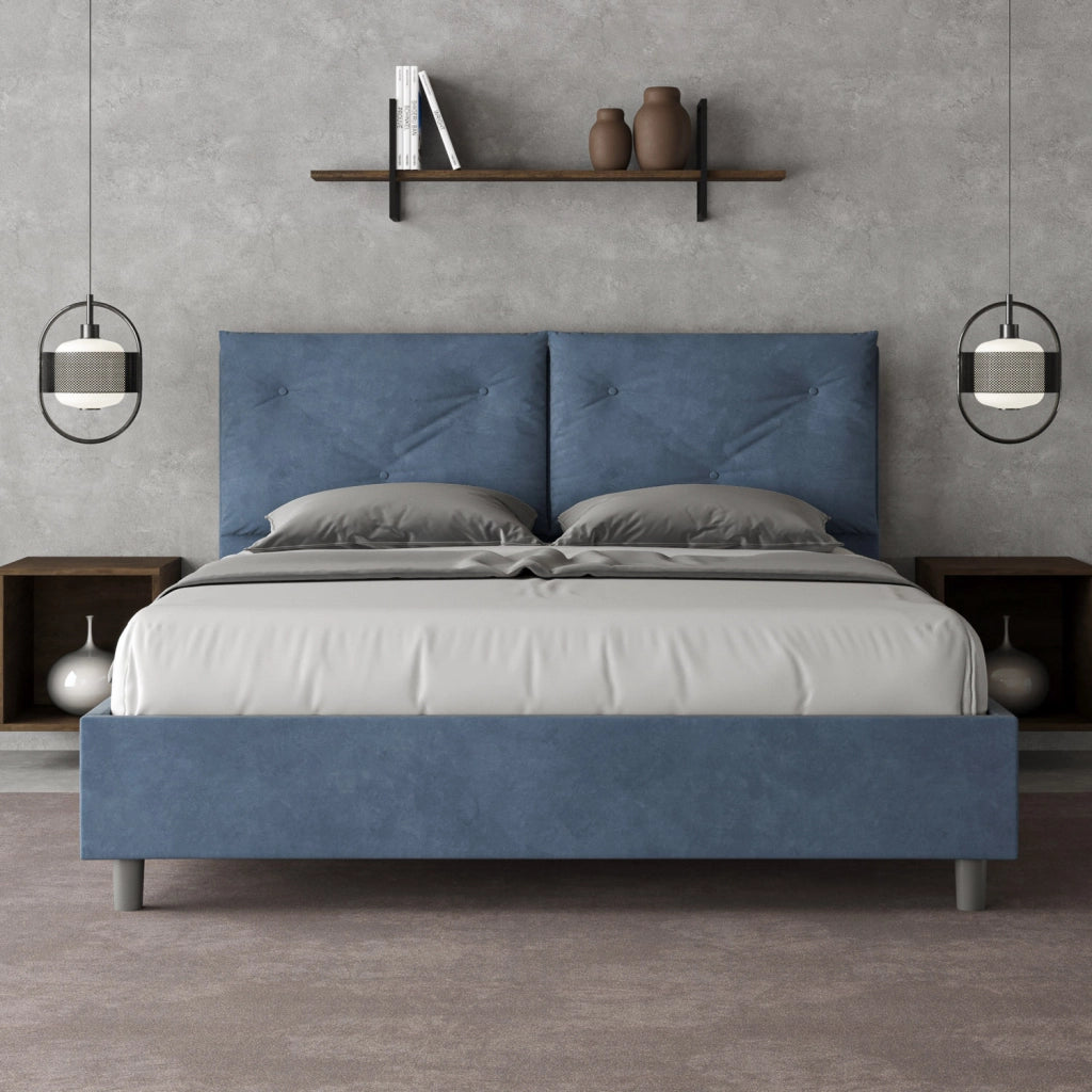 BS COM Letto matrimoniale contenitore doppia alzata imbottito 160x200 microfibra blu