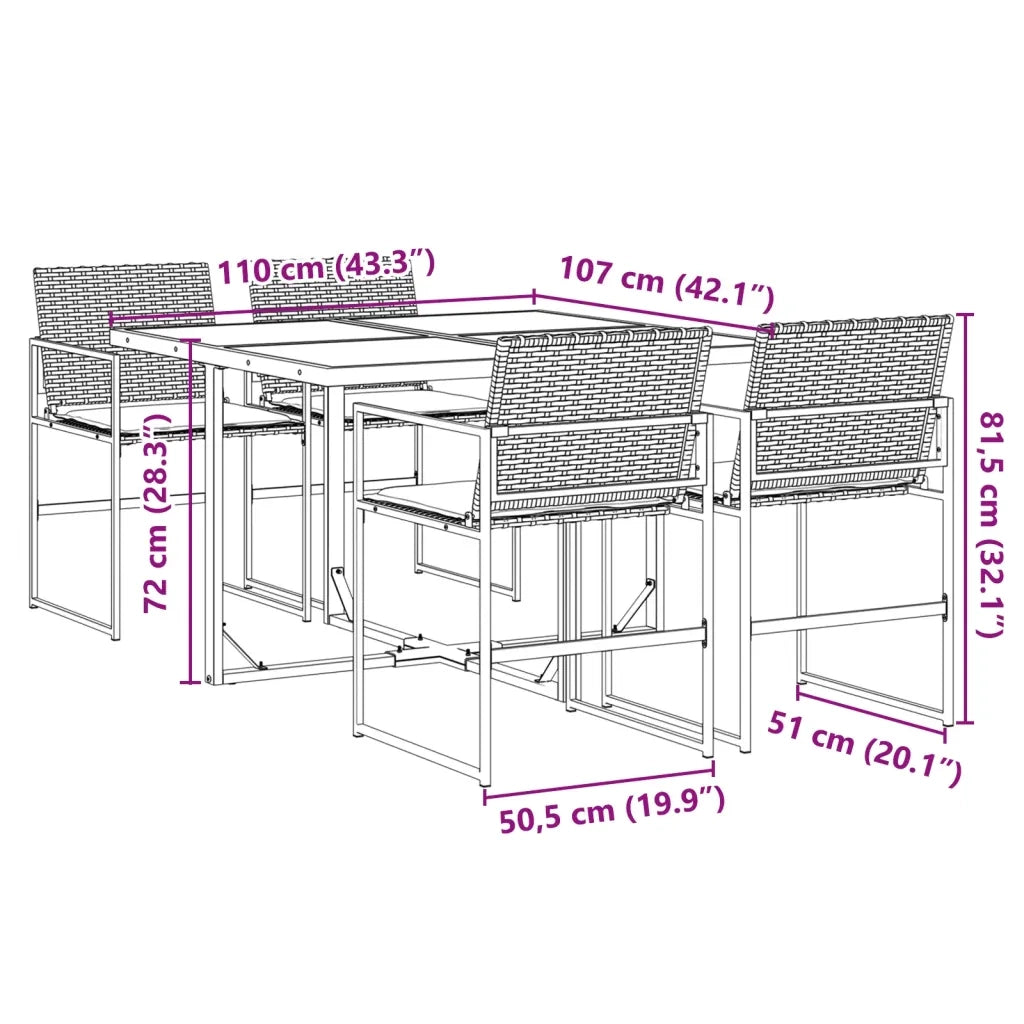 Set da Pranzo da Giardino 5 pz Nero con Cuscini in Polyrattan 3295058
