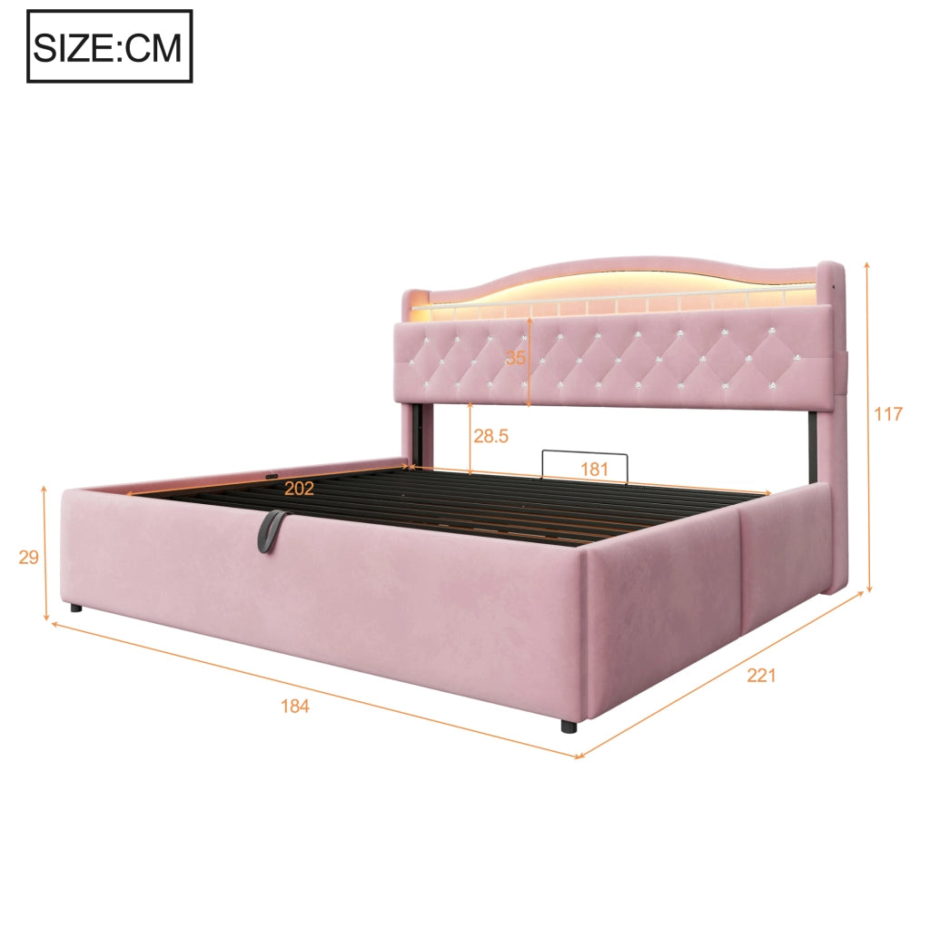 LETTO Contenitore 180x200 cm in Velluto Rosa con LED USB e USB-C