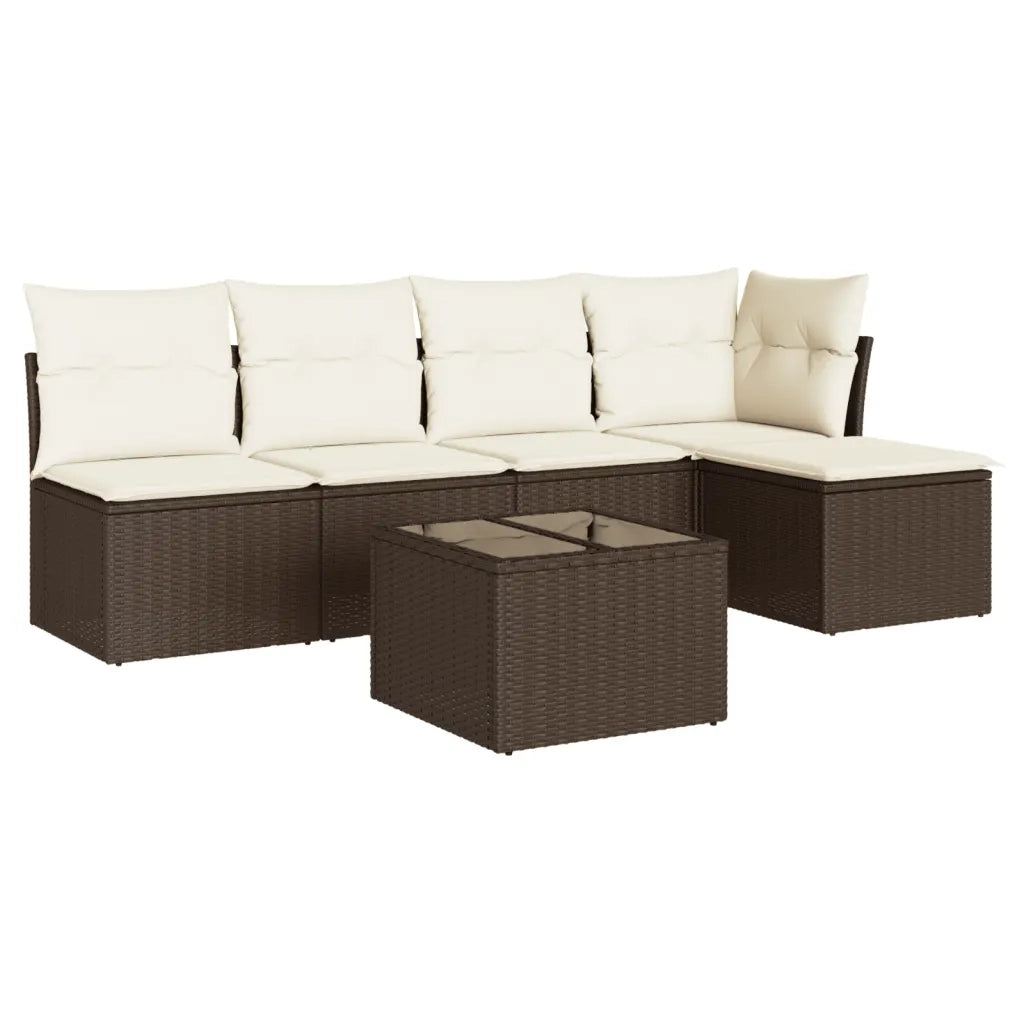 Set Divano da Giardino 6 pz | Set Salotto da Giardino con Cuscini Marrone in Polyrattan