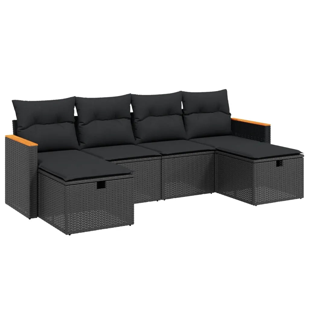 Set Divano da Giardino 6 pz con Cuscini Nero in Polyrattan