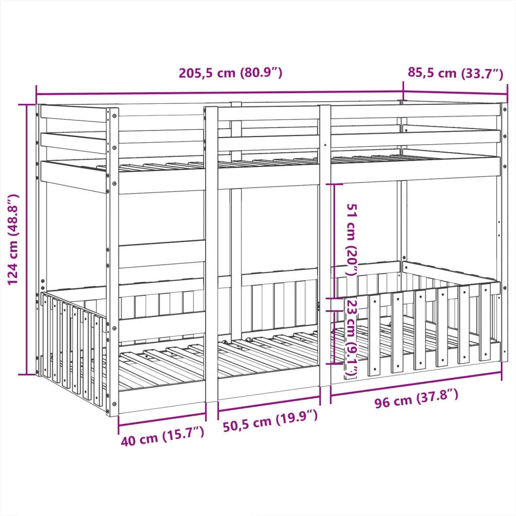 Letto singolo | Letto per adulti | Letto a Castello 80x200 cm in Legno Massello di Pino