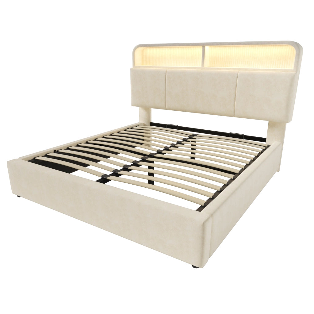 Letto imbottito idraulico 140x200cm con illuminazione LED; USB C e velluto in beige