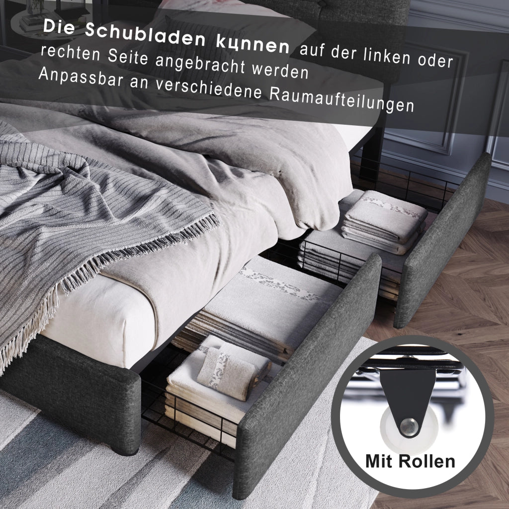 LETTO Singolo 90x200 cm in lino grigio con LED e 2 cassetti