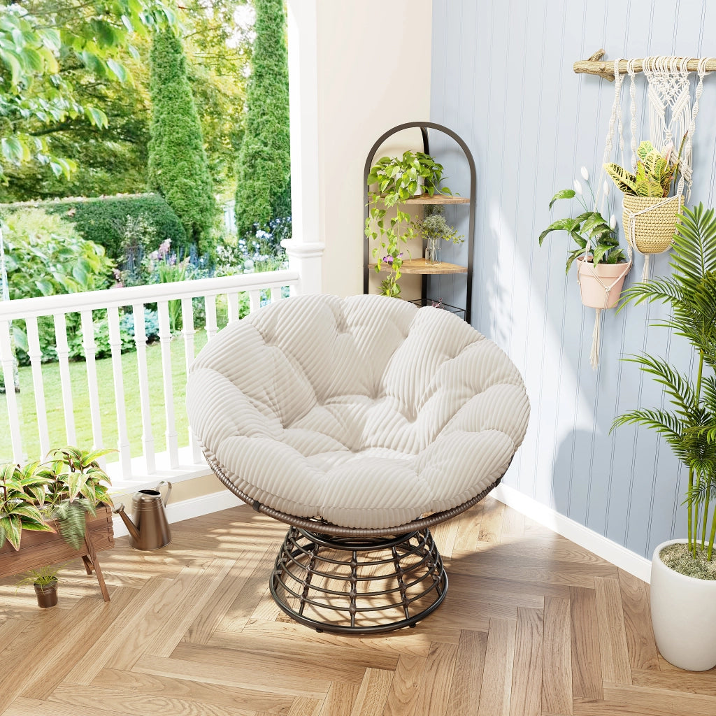 Chaise ergonomique en osier Papasan confortable chaise int¨¦rieure ext¨¦rieure pivotante ¨¤ 360¡ã avec coussin ¨¦pais et doux id¨¦ale pour le salon la chambre la salle de lecture cadre marron avec coussin blanc (velours c?tel¨¦)