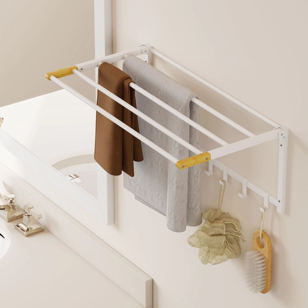Portasciugamani a Parete Pieghevole ¨C Xylo ¨C Legno e Acciaio, 5 Barre, 6 Ganci, 60x32.5x20 cm, Bianco