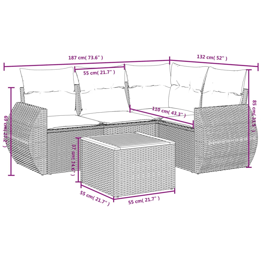 Set Divano da Giardino 5 pz con Cuscini Beige in Polyrattan