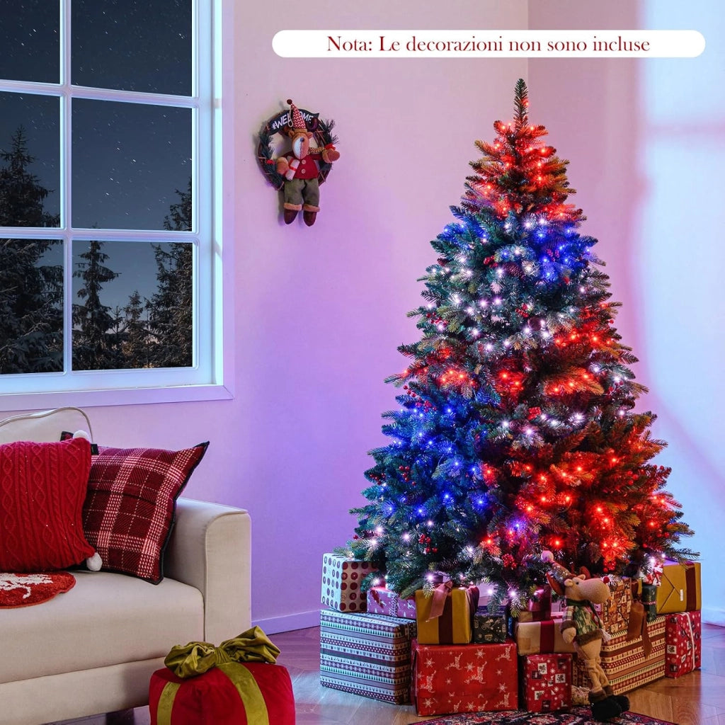 Albero di Natale Artificiale 150/180 cm, con 250/370 Luci RGB Multicolori Controllabili tramite APP, 584/1054 Rami in PE & PVC, 23/41 Pigne e 23/41 Bacche Rosse e Controllo Remoto (180 cm)