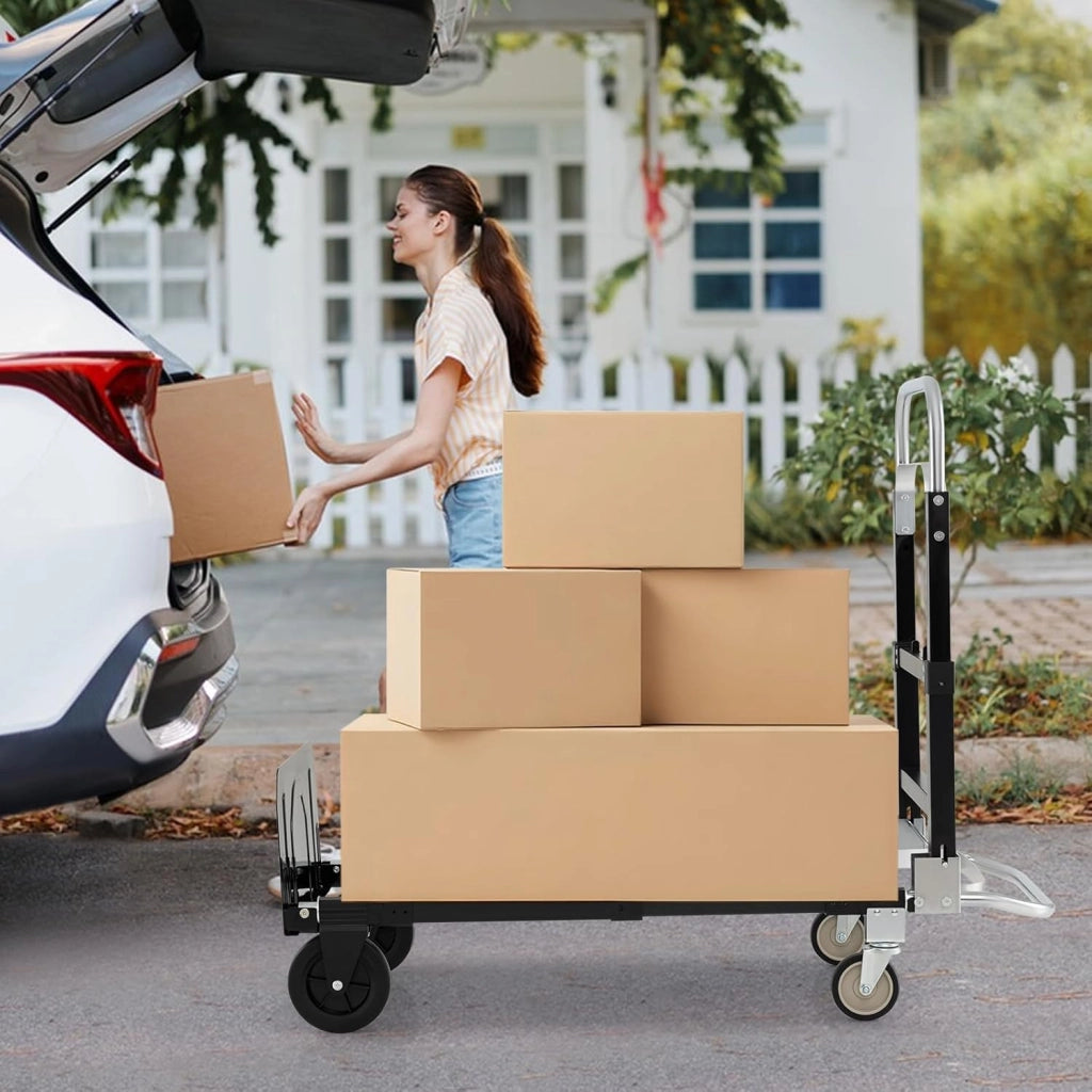 Carrello Pieghevole 3 in 1, Carrello a Mano e Piano Regolabile con Manico Retrattile e Lunghezza Regolabile, Capacità di Carico 272 kg, per Garage, Magazzino