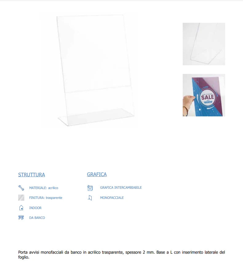 Porta avvisi da banco in Plexi con base a L Monofacciale - A6 verticale