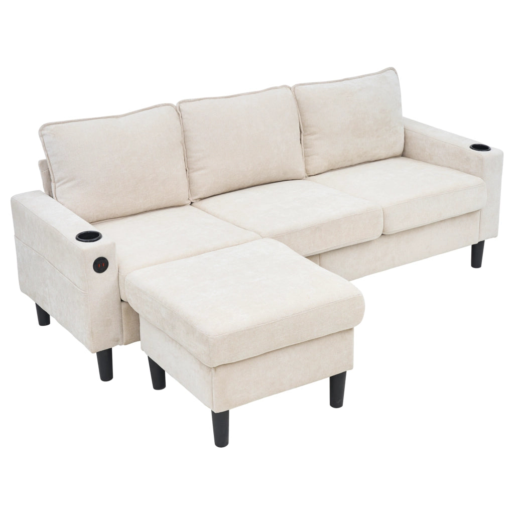 Divano angolare 3 posti beige con pouf modulare, 2 portabicchieri, USB e Type-C, 202x137x80 cm