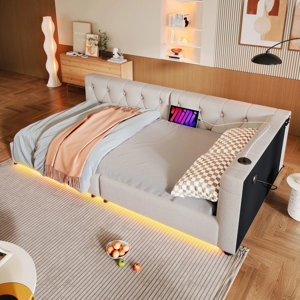 Letto Diurno Imbottito con LED ¨C MINIMAL ¨C Lino Beige 90x200