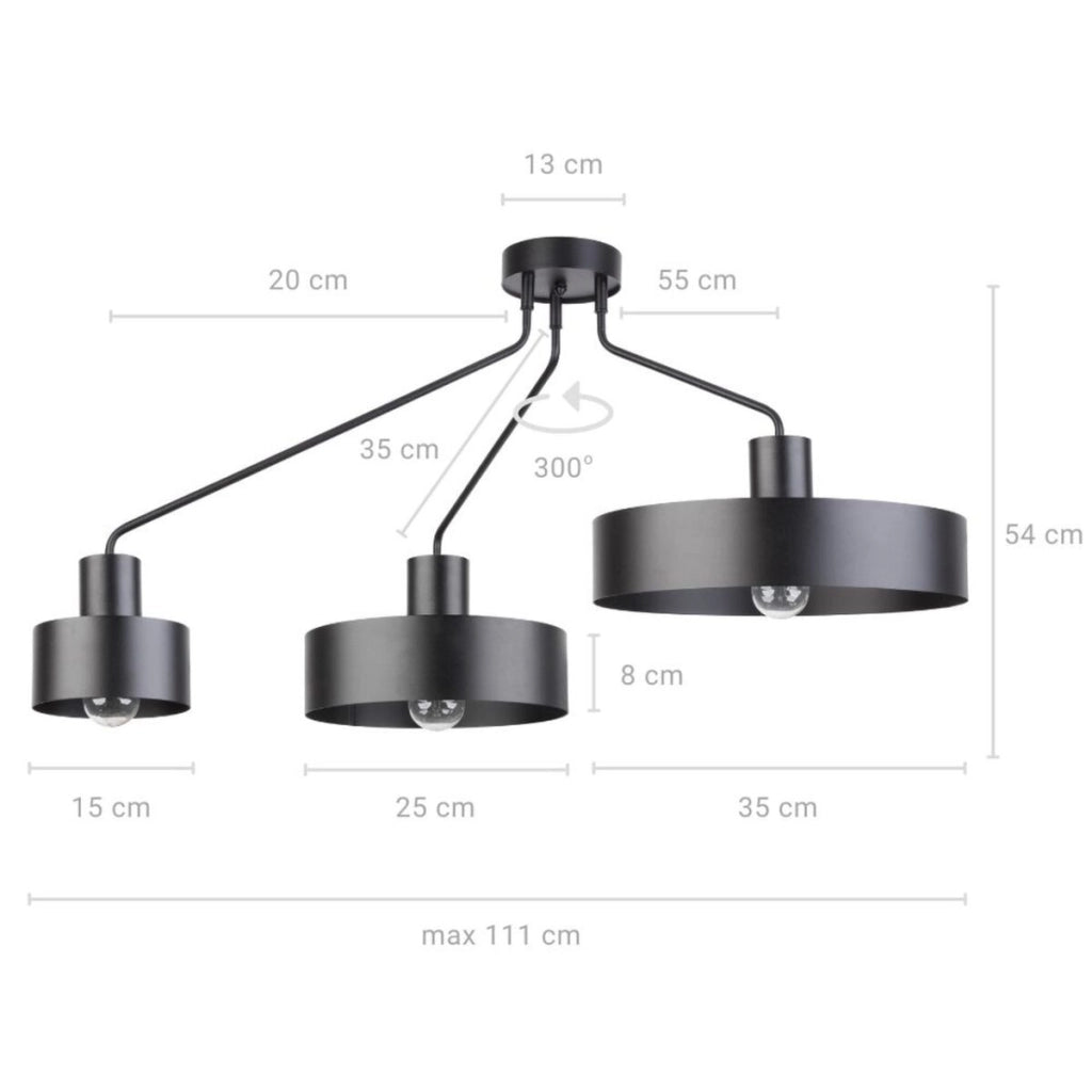 Plafoniera loft nera Jumbo a braccio 3 luci E27 Sigma