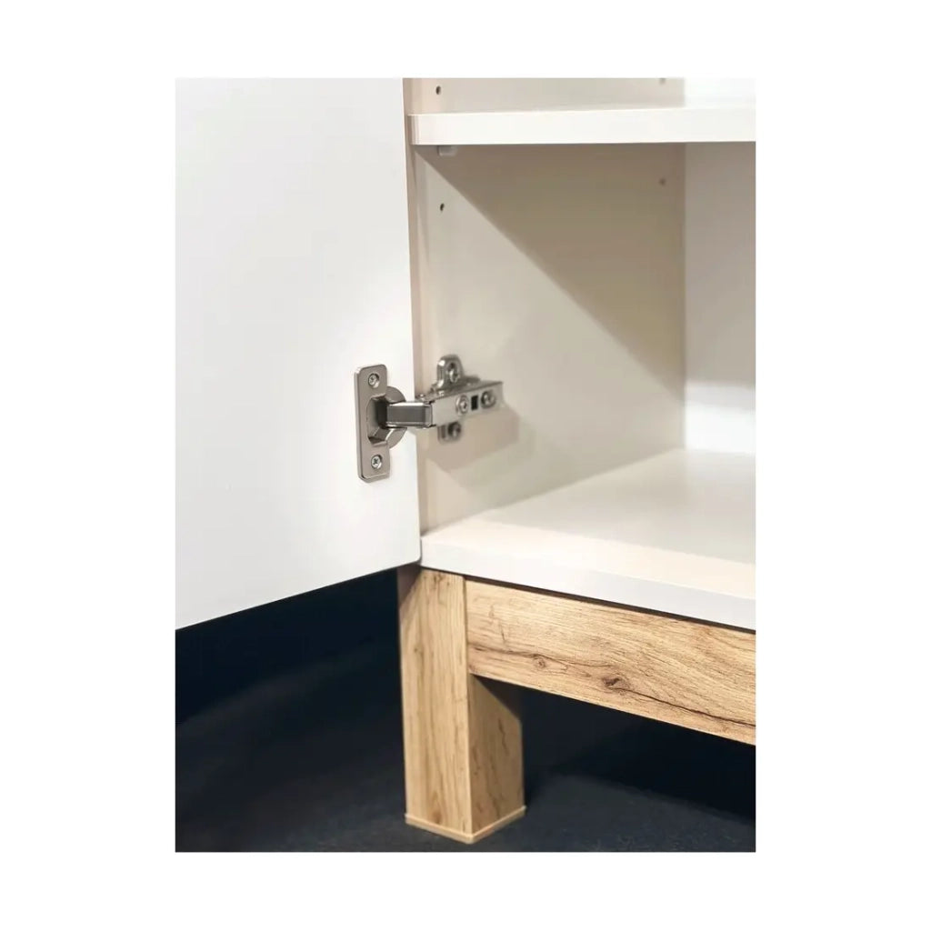 Set ERMANO cashmere e effetto quercia 150cm: mobile sottolavabo + lavabo da appoggio + mobili sospesi e da appoggio
