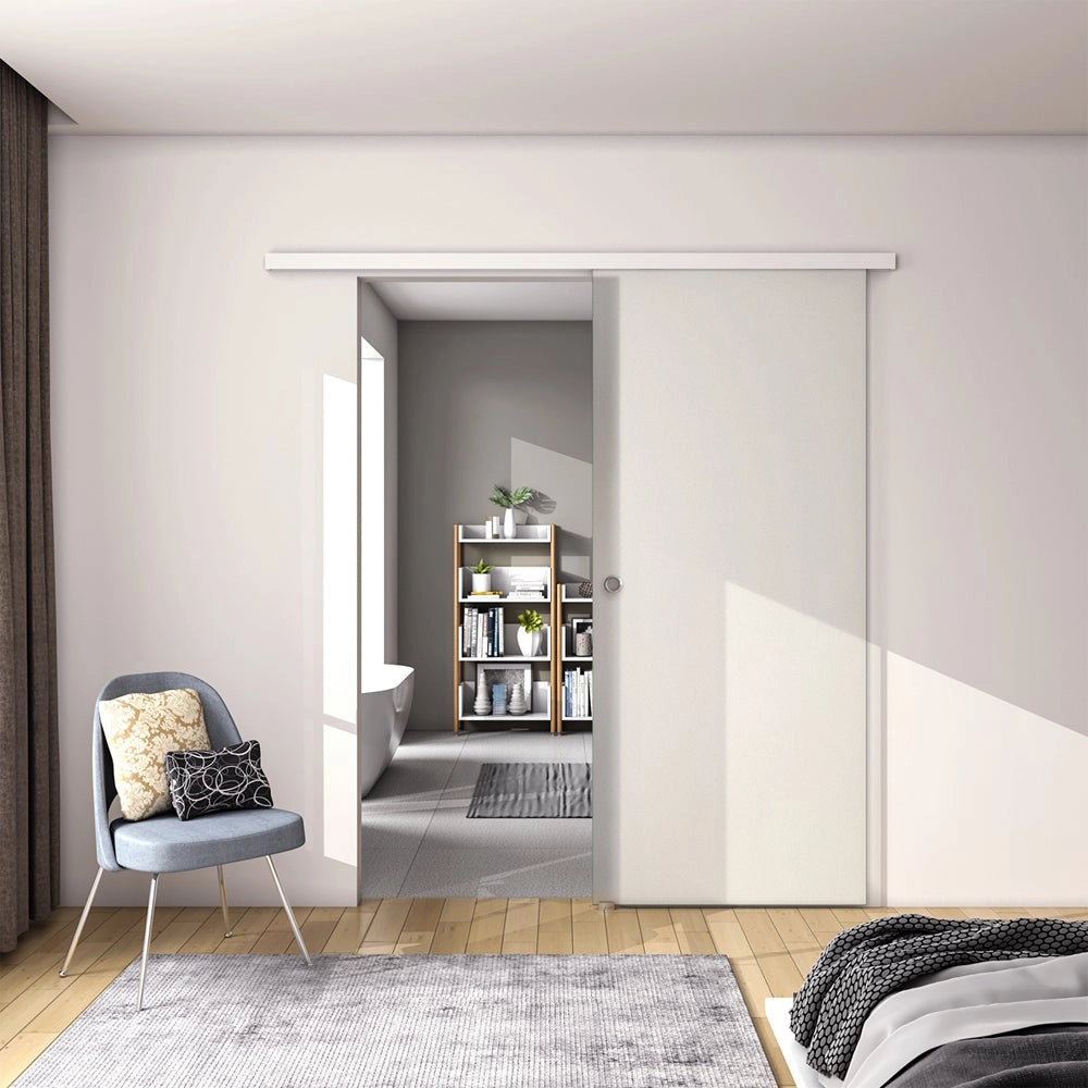 100x225 cm Porta Scorrevole in Vetro da 8 mm Temperato Opaco con Pellicola Anti-frantumi con Binario in Alluminio Bianco Verniciato