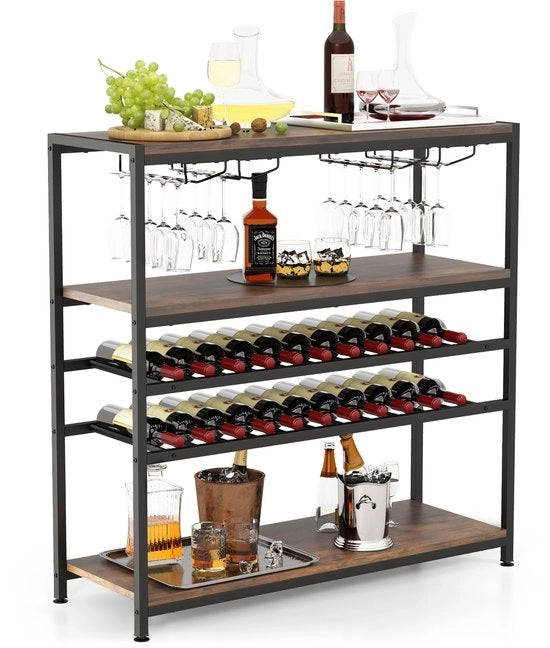 Wijnrek a 5 trappelle con contenitore in vetro e pannelli, astuccio per bottiglie indipendente, cassettone per vino per soggiorno, sala da pranzo e buffet, stile rustico marrone.