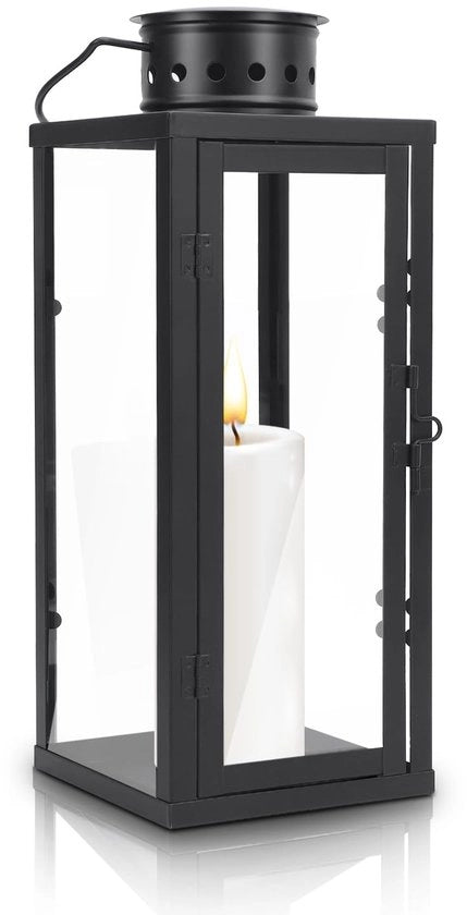 Lanterna da Giardino Decorativa - Grande Lanterna a Candela - Lampada a Vento in Metallo - Piastra per Sospensione o Posizionamento - Dimensioni 35x13,5x13,5 cm - Eccellente Circolazione dell'Aria - Supporto per Candelabri