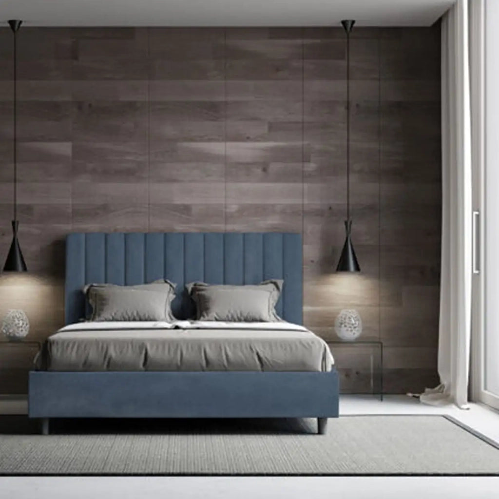 Letto matrimoniale con rete imbottito 160x200 microfibra blu Agueda
