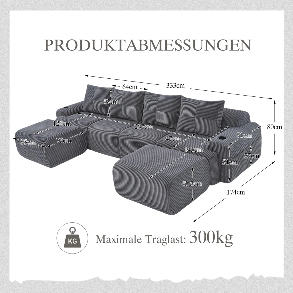 Divano modulare 4 posti con portabicchiere e tasca laterale; in corduroy grigio scuro