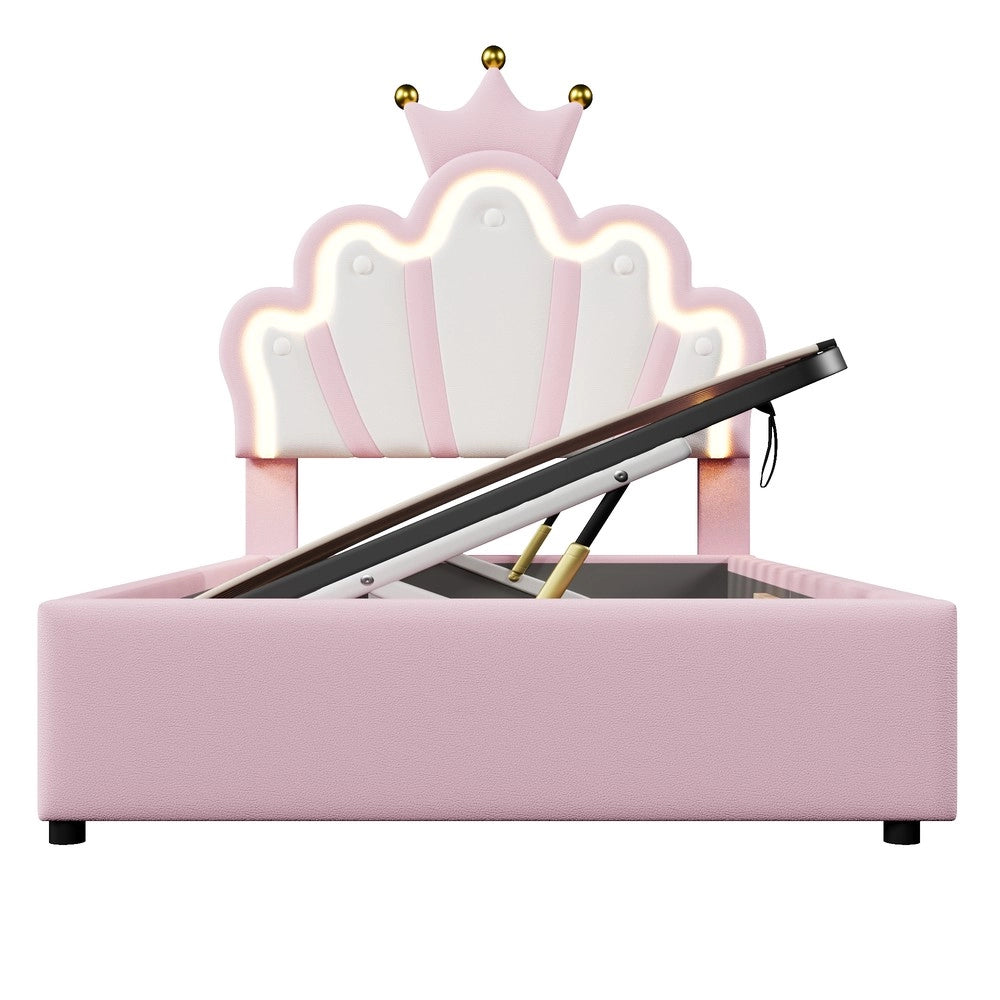 Letto Imbottito con LED e Alzata Idraulica ¨C MINIMAL ¨C Rosa, PU, 90x200