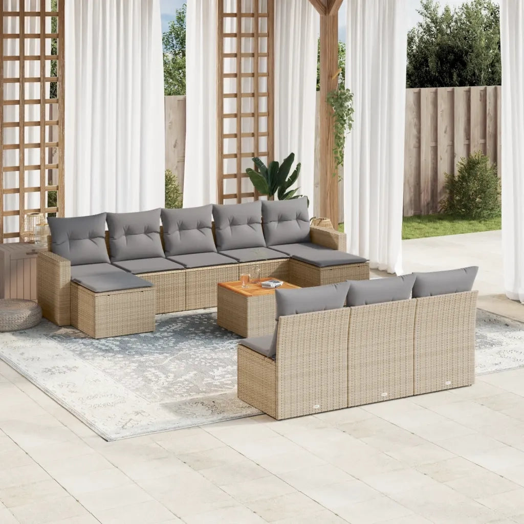 Set Divano da Giardino 11 pz con Cuscini Beige Misto Polyrattan