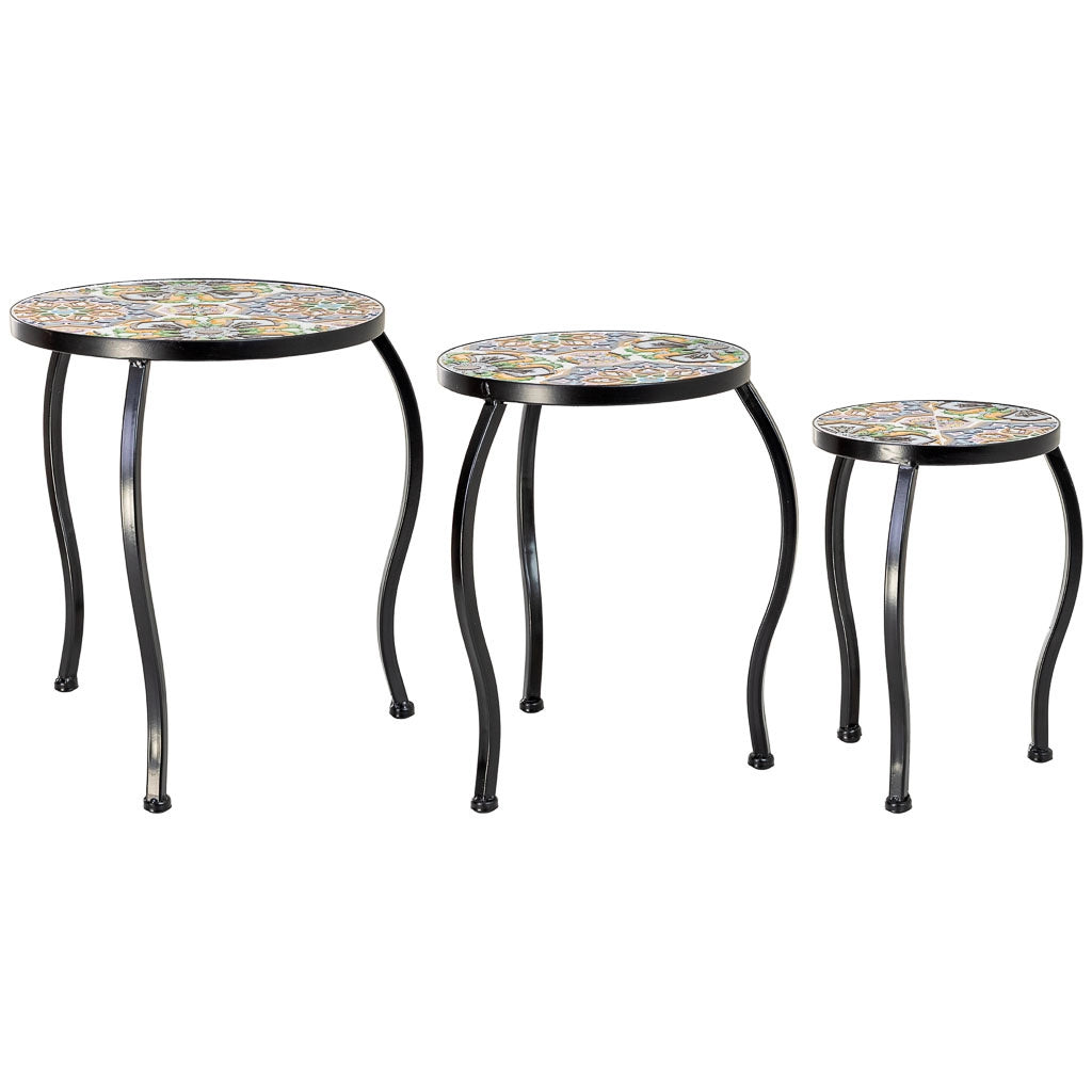 Set 3 pezzi in mosaico e ferro battuto, Verde, 33x33x37h-28x28x33h-23x